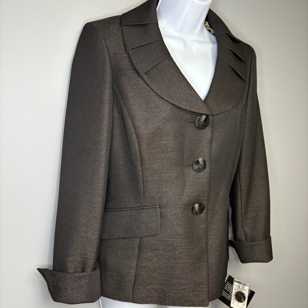 NWT Le Suit Brown Shimmer Pleated Collar Jackie O Old Money Blazer Womens Sz 6 - Picture 2 of 6